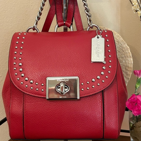 Coach Handbags - COACH Cassidy Pebble Leather Border Rivets Backpack/Top Handle inBright Cardinal